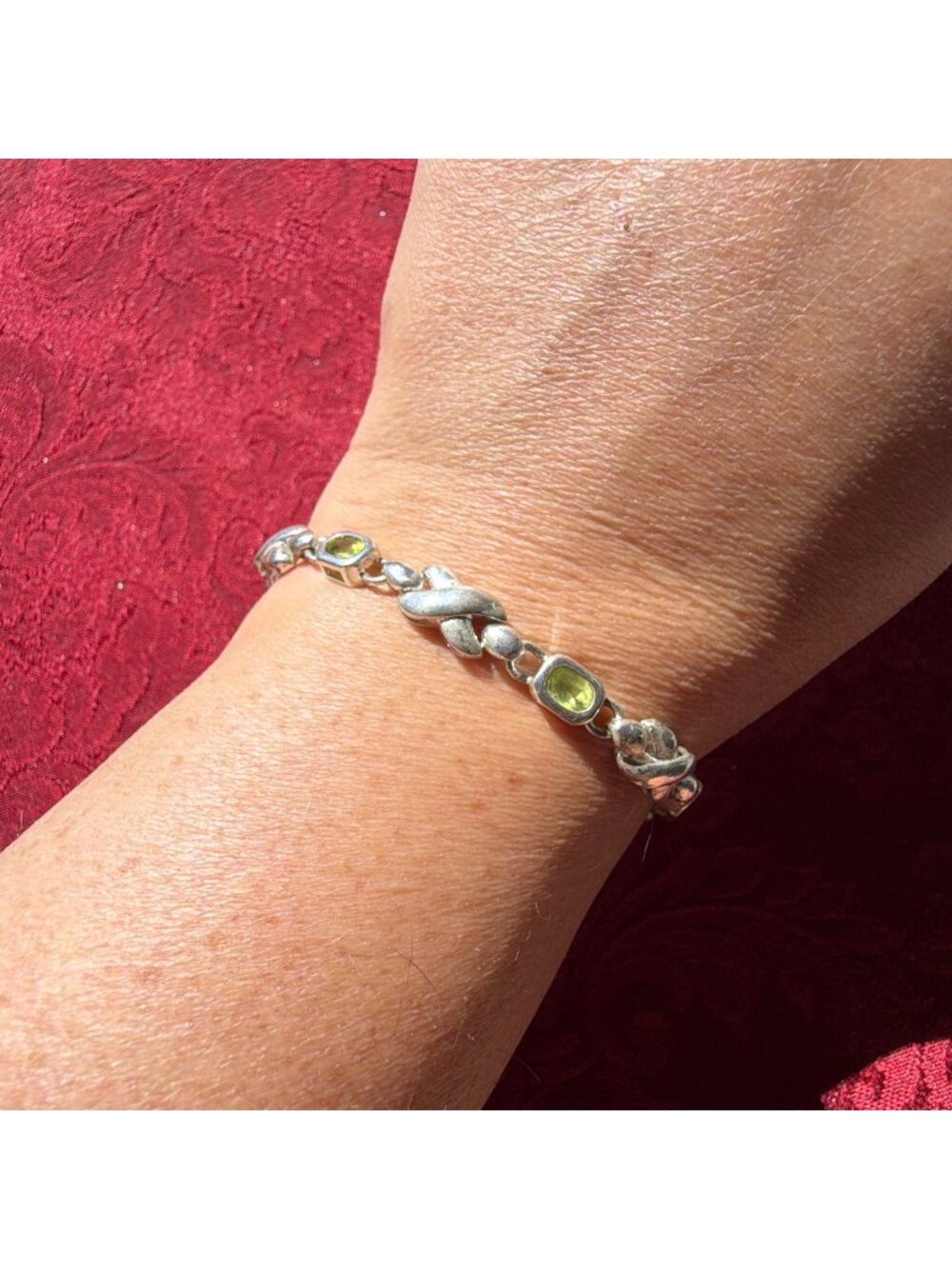 Vintage 925 Sterling Silver Green Peridot Tennis Link Bracelet XO Hugs Kisses
